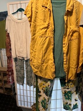 Mustard Yellow Button-Up Shirt, Green Tee & flower print pants bundle